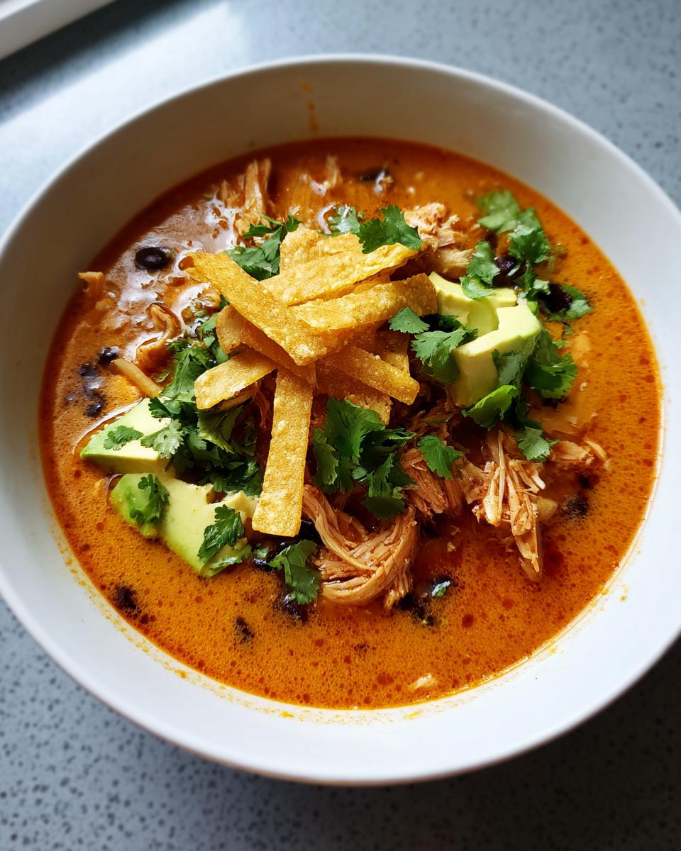 A close-up bowl of creamy, orange-hued tortilla soup loaded with shredded chicken, black beans, avocado, and crispy tortilla strips.