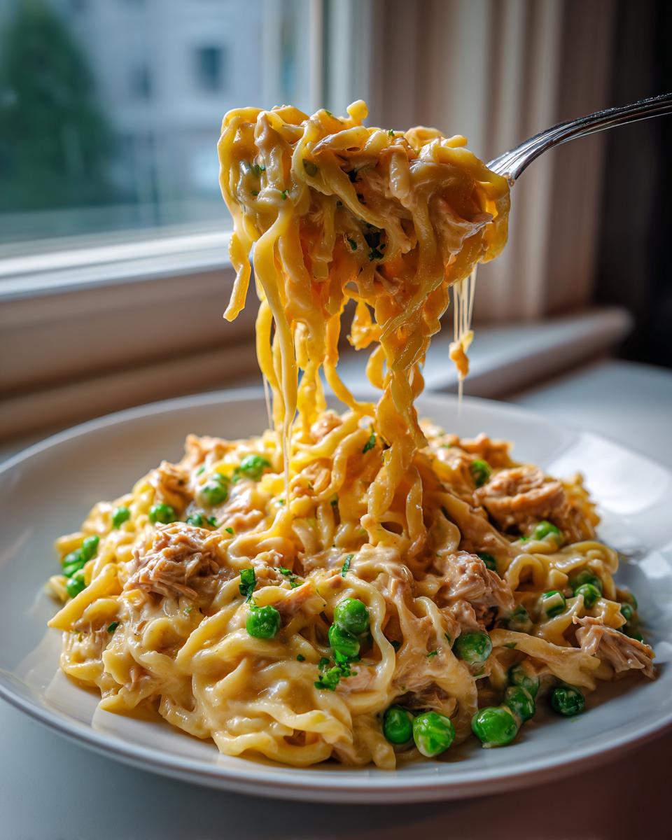 A fork lifts a generous portion of creamy tuna pasta with peas from a white plate, showing cheesy strands.