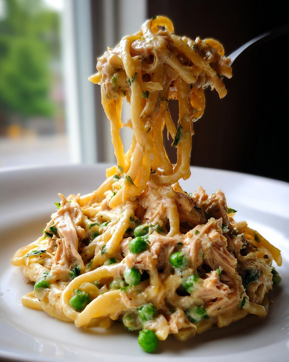 A fork lifting a swirl of creamy tuna pasta mixed with bright green peas from a white plate.