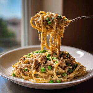 A fork lifts long strands of creamy tuna pasta mixed with bright green peas from a white bowl.