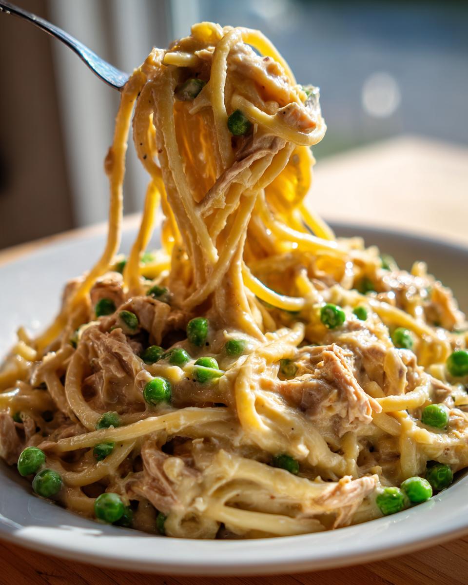 Close-up of creamy tuna pasta with bright green peas being lifted high on a fork from a white bowl.