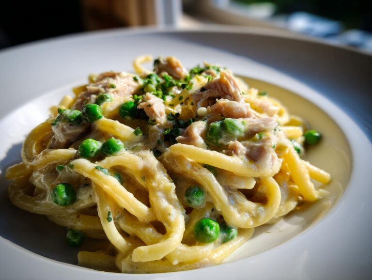 Close-up of creamy tuna pasta mixed with bright green peas, garnished with herbs, served in a white bowl.