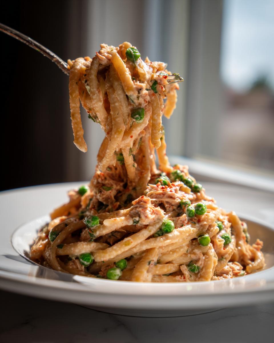 A fork lifts creamy tuna pasta mixed with bright green peas from a white bowl.