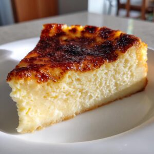 A close-up slice of creme brulee cheesecake showing a creamy interior and a deeply caramelized, torched top.
