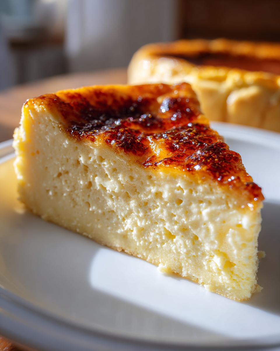 Close-up of a slice of creamy creme brulee cheesecake showing a perfectly caramelized, dark brown sugar top.