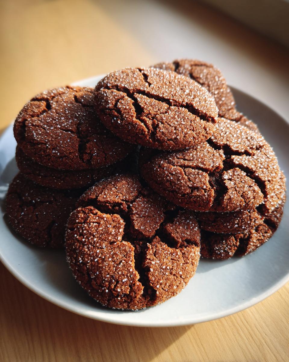 A stack of freshly baked, dark brown ginger molasses cookies covered in sparkling sugar crystals.