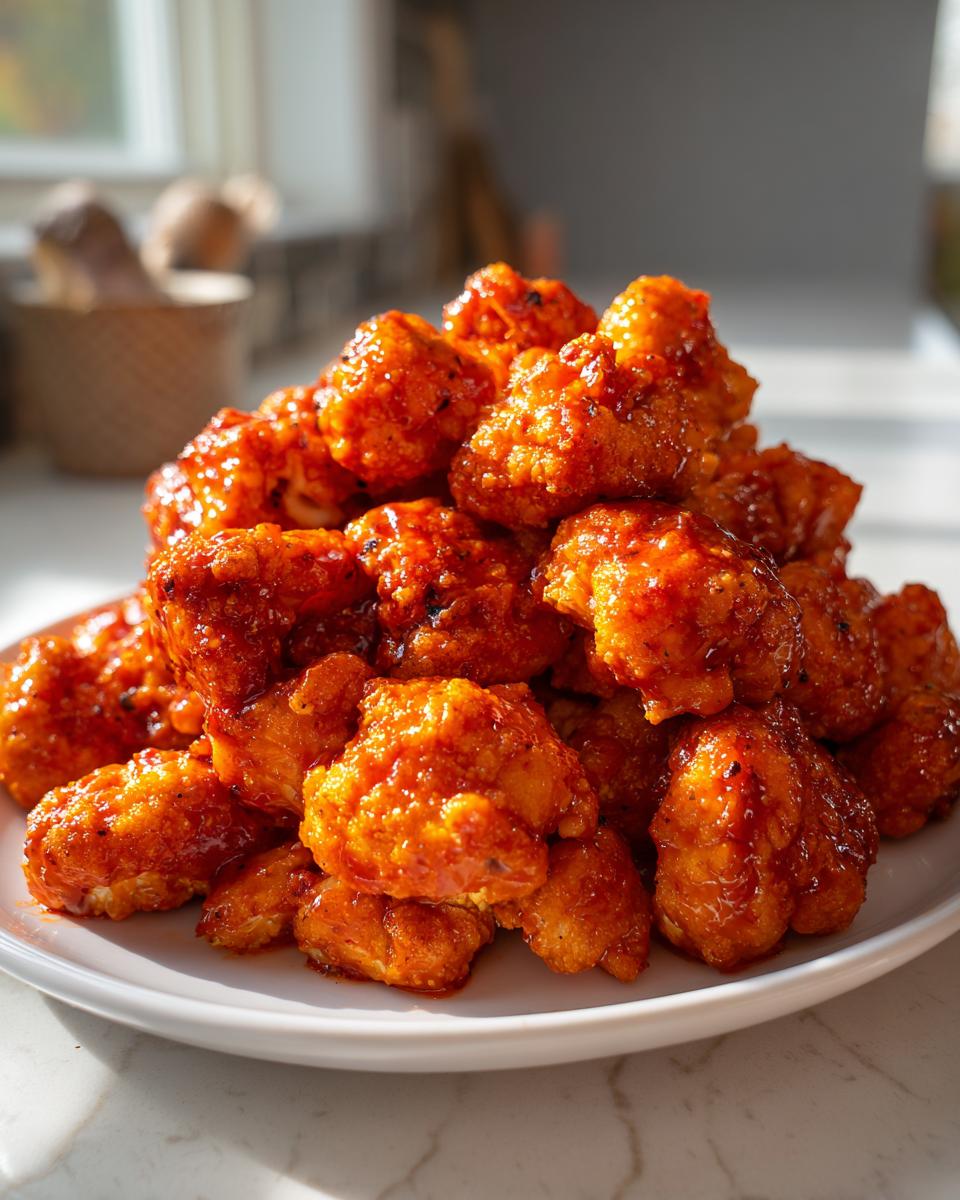 A mound of crispy, saucy buffalo cauliflower pieces piled high on a white plate.