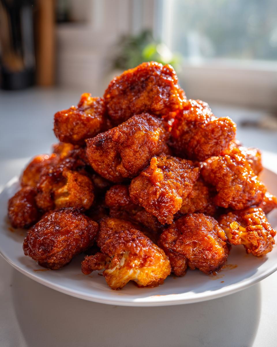 A mound of crispy, saucy buffalo cauliflower piled high on a white plate.