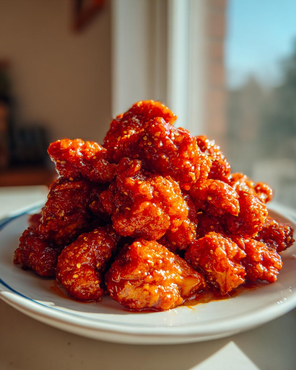 A mound of crispy, saucy buffalo cauliflower bites piled high on a white plate.