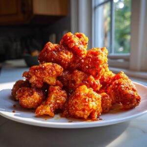 A mound of crispy, saucy buffalo cauliflower florets piled high on a white plate, glistening under natural light.