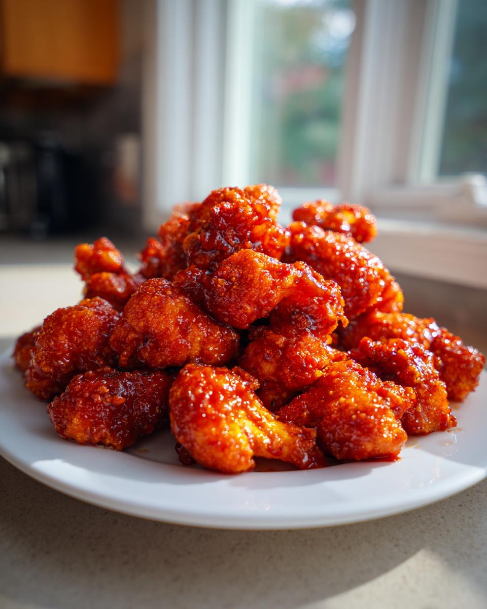 A pile of crispy, bright orange-red buffalo cauliflower pieces coated in sauce on a white plate.