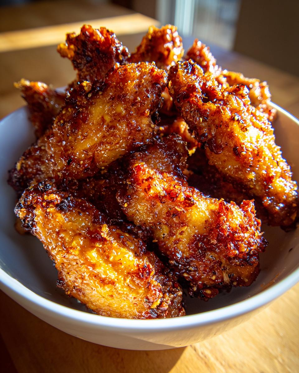 A close-up of several perfectly crispy, glazed chicken wings piled high in a white bowl.
