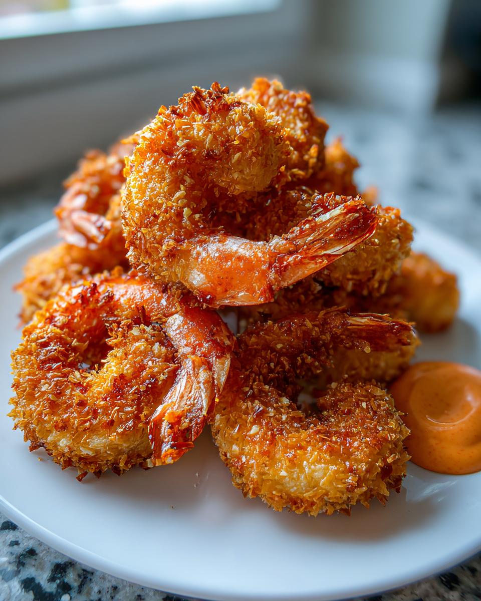 A close-up of a pile of perfectly golden and crispy coconut shrimp served with a side of orange dipping sauce.