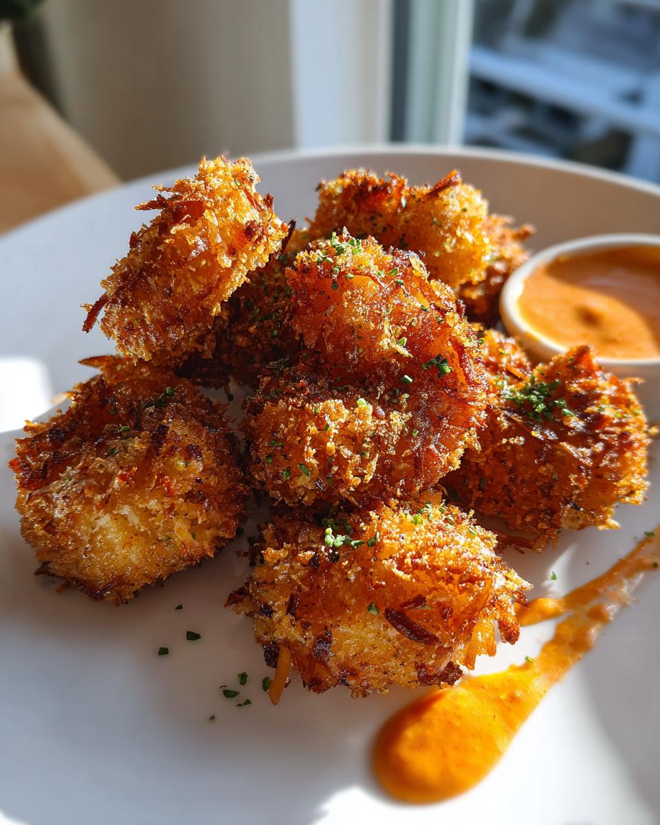A pile of perfectly fried, crispy coconut shrimp dusted with herbs, served with a side of dipping sauce.