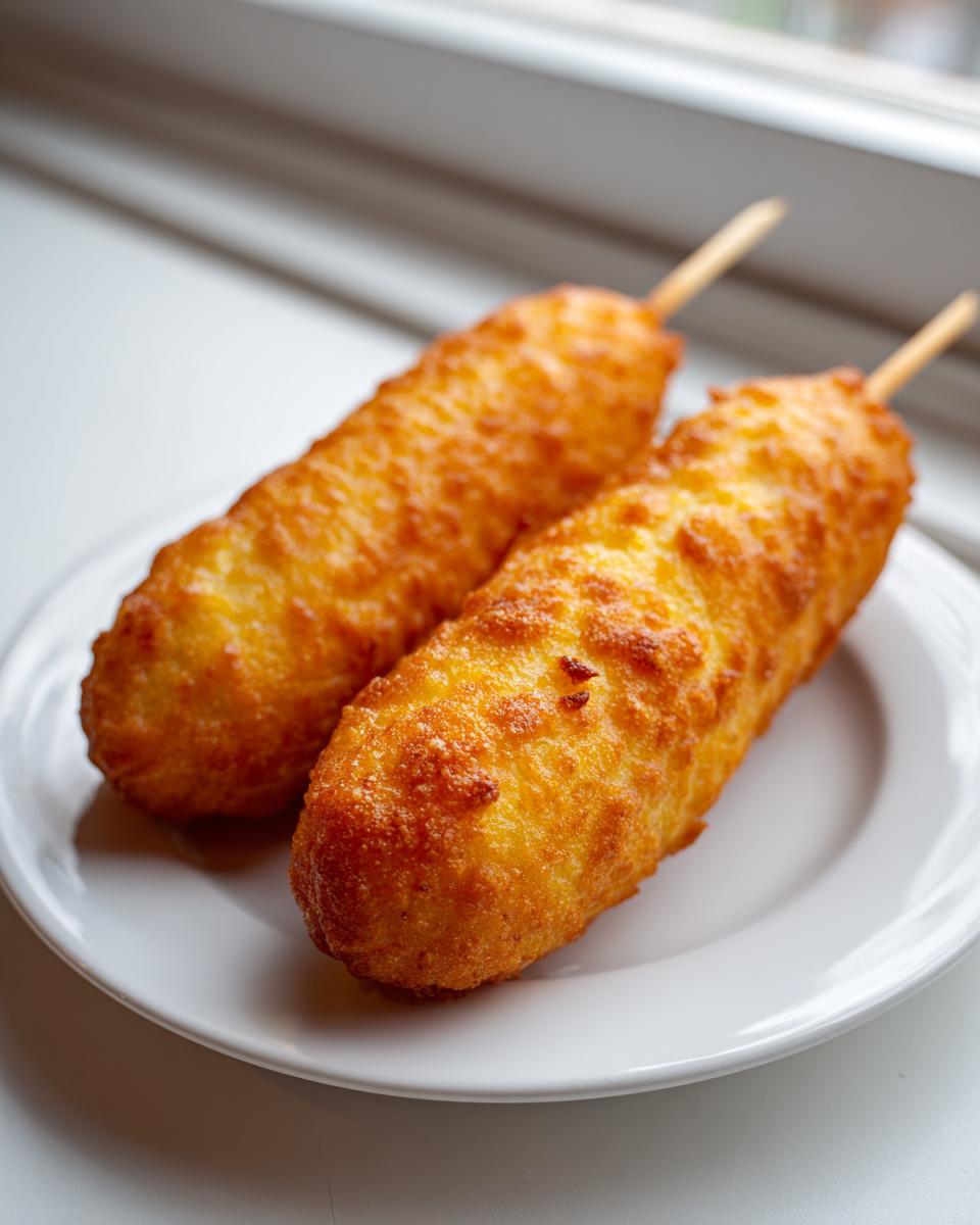 Two freshly fried, golden brown corn dogs on sticks resting on a small white plate.