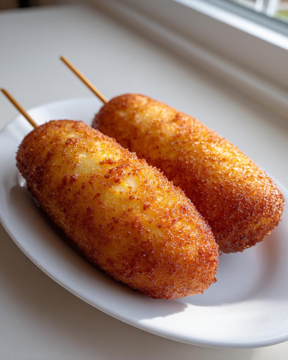 Two perfectly golden brown, crispy corn dogs on wooden sticks resting on a white plate near a window.