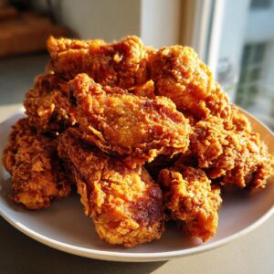 A close-up of a large pile of golden brown, crispy fried chicken wings stacked high on a white plate.