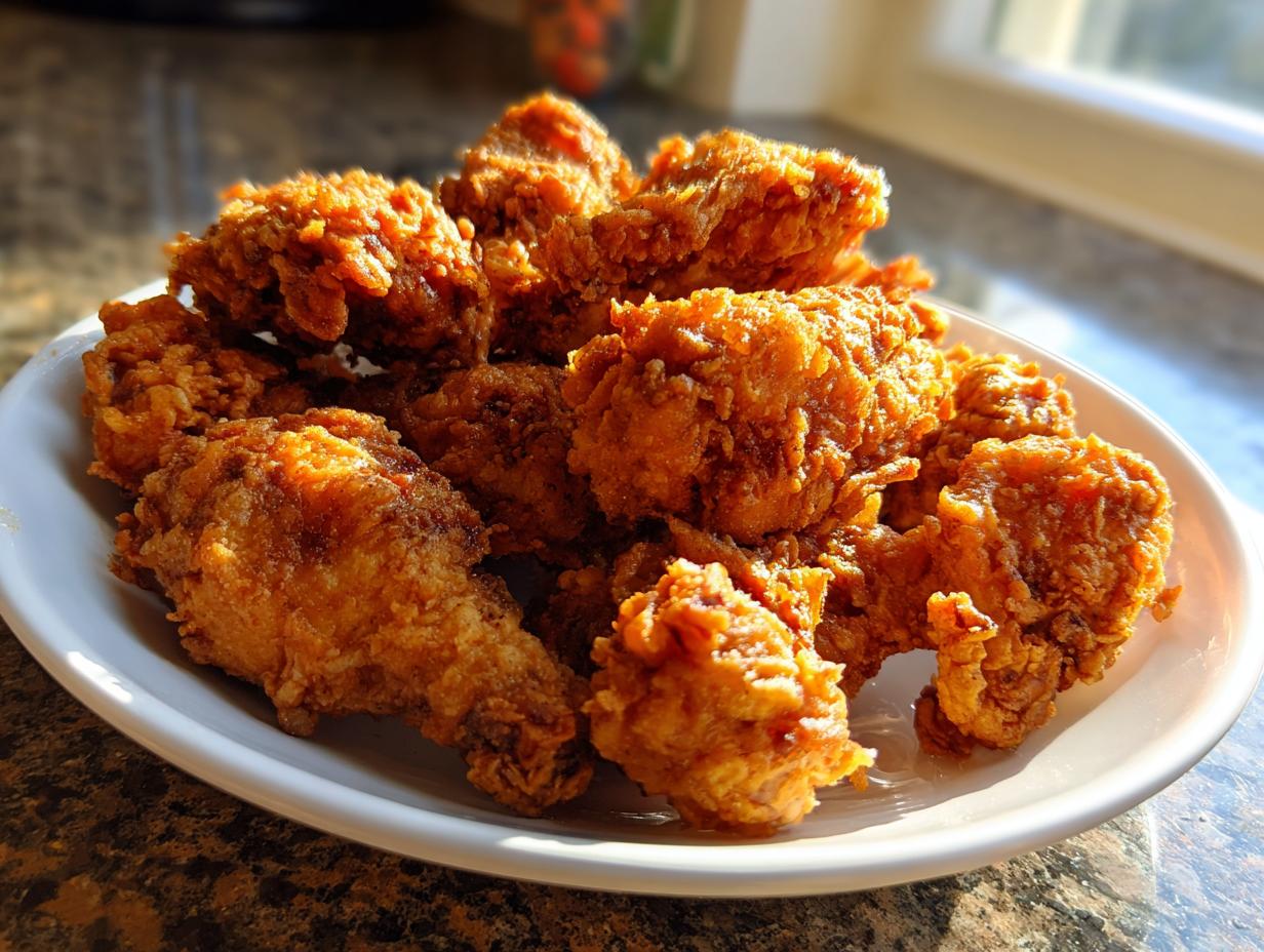 A pile of golden brown, extra crispy fried chicken wings served on a white plate, catching bright sunlight.