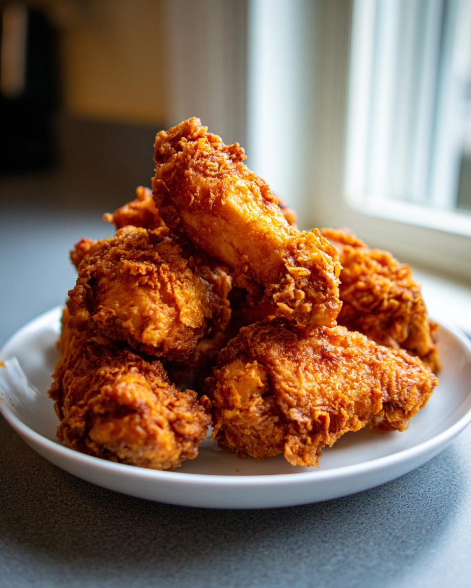 A close-up of a pile of golden-brown, crispy fried chicken wings stacked high on a white plate.
