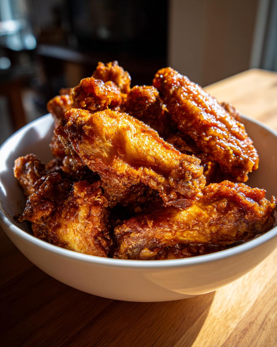Close-up of a white bowl filled with golden brown, crispy, glazed chicken wings.
