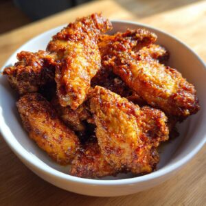 Close-up of several crispy, glazed chicken wings piled high in a white bowl.