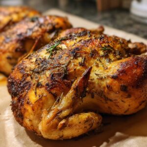 Close-up of a perfectly roasted spatchcock chicken with crispy, golden-brown skin seasoned with rosemary.