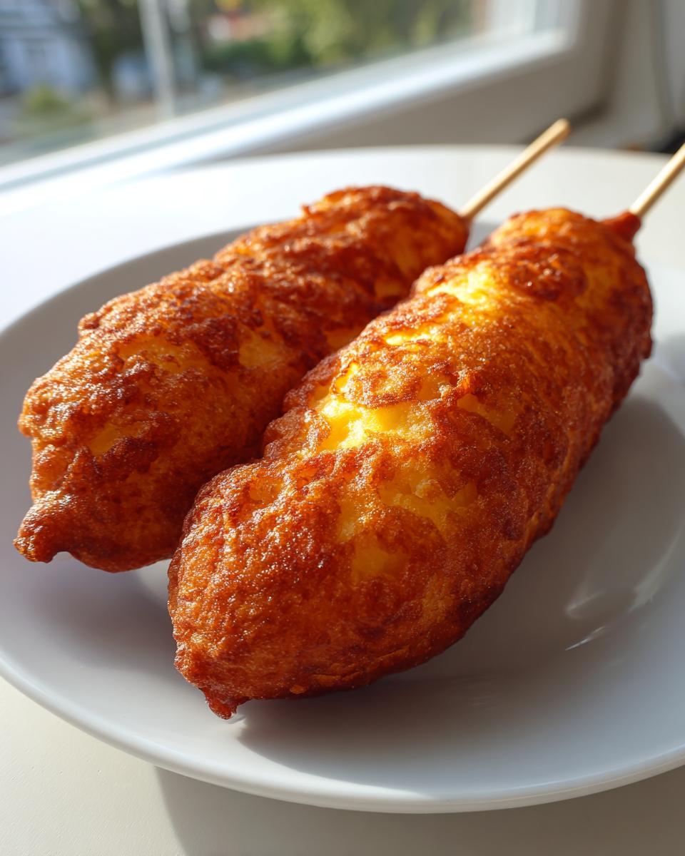 Two golden-brown, crispy homemade corn dogs on wooden sticks resting on a white plate.