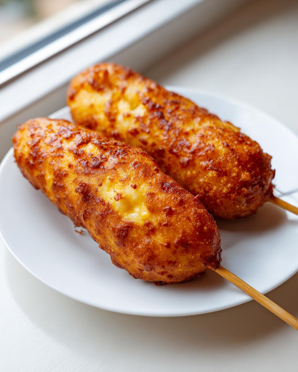 Two perfectly golden-brown, crispy corn dogs served on a small white plate near a window.