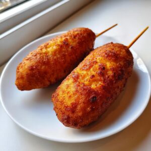 Two golden brown, crispy corn dogs on wooden sticks resting on a white plate.