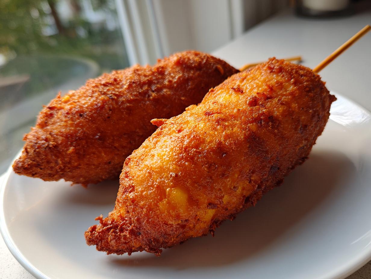 Two perfectly golden-brown, crispy corn dogs on wooden skewers resting on a white plate.