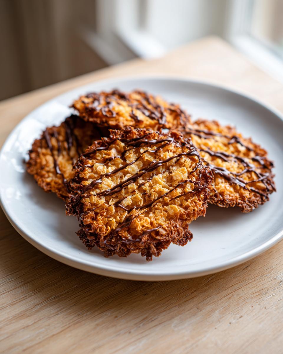 A stack of four crispy oatmeal lace cookies drizzled with dark chocolate on a white plate.