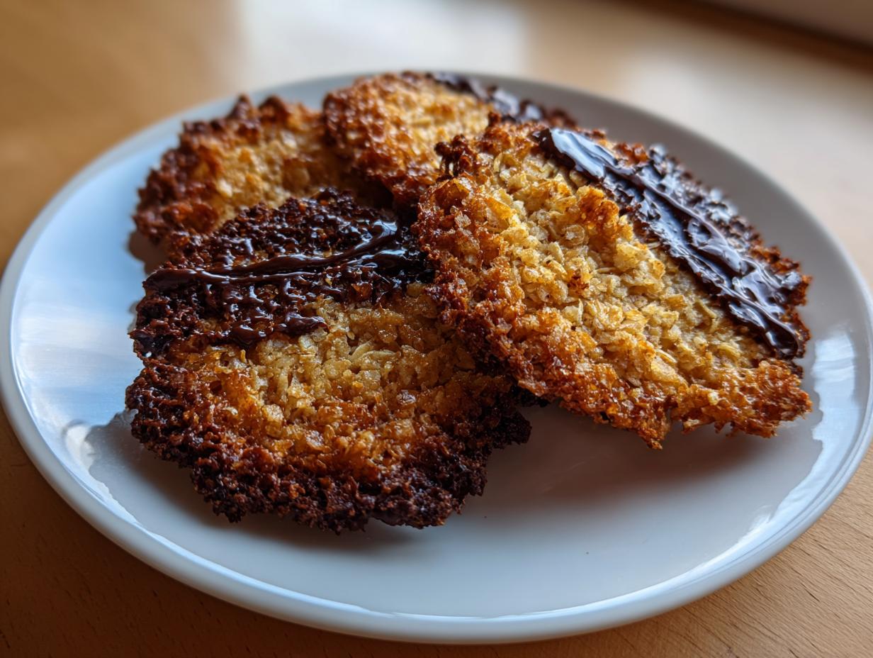 Four golden brown oatmeal lace cookies drizzled with melted dark chocolate on a white plate.