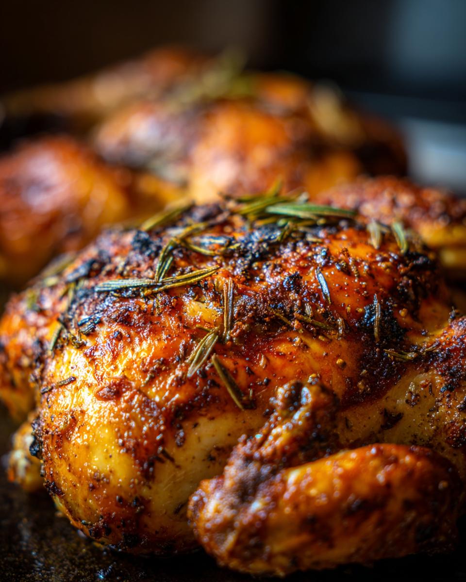 Close-up of a golden brown, crispy skinned spatchcock chicken seasoned with herbs like rosemary.