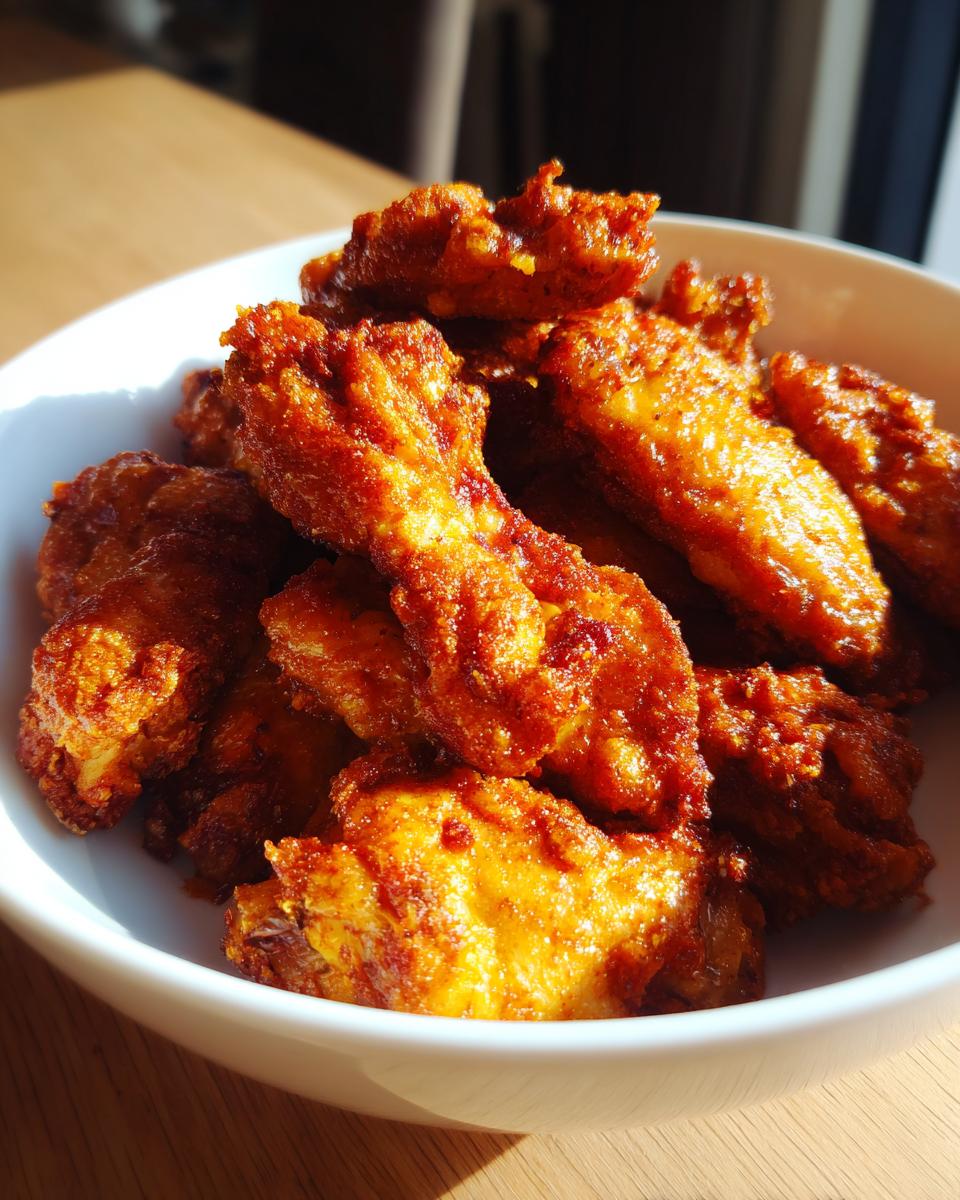 Close-up of a white bowl filled with perfectly crispy, golden-orange sauced chicken wings.