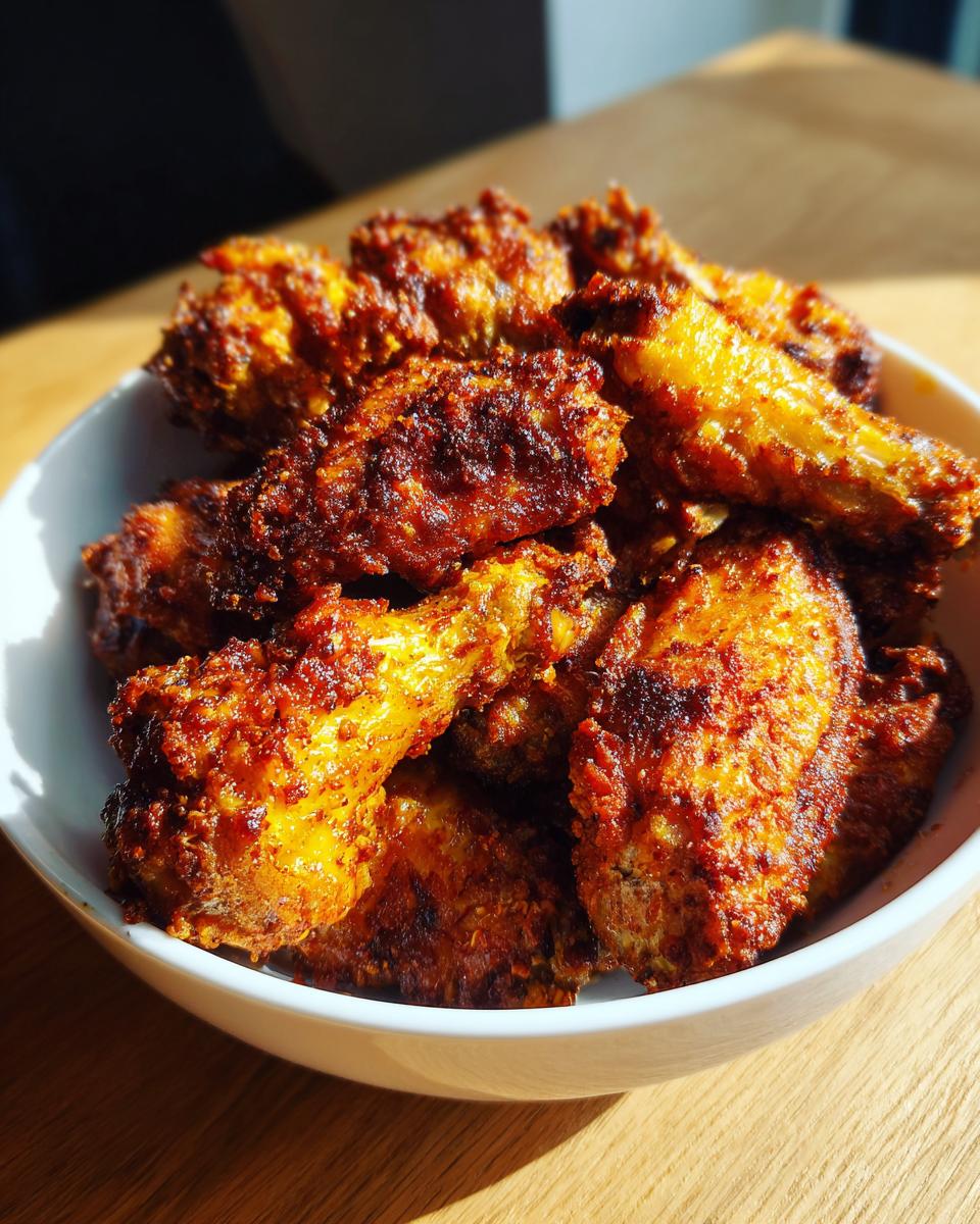 A white bowl filled with perfectly crispy, seasoned chicken wings, highlighted by bright sunlight.