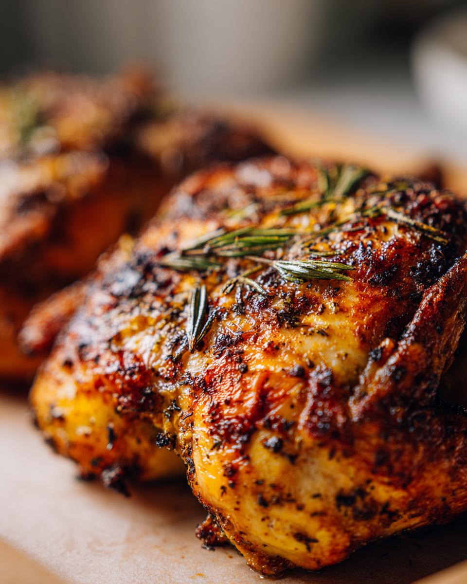 Close-up of a perfectly roasted, golden-brown spatchcock chicken seasoned with herbs like rosemary.