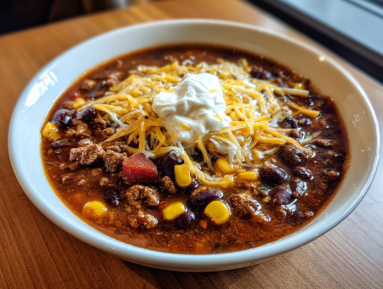 A close-up of a bowl of rich crockpot cowboy soup topped with shredded cheese, sour cream, beans, and corn.