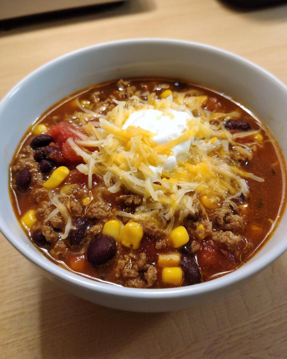 A close-up of a bowl of rich crockpot cowboy soup topped with shredded cheese, sour cream, corn, and beans.