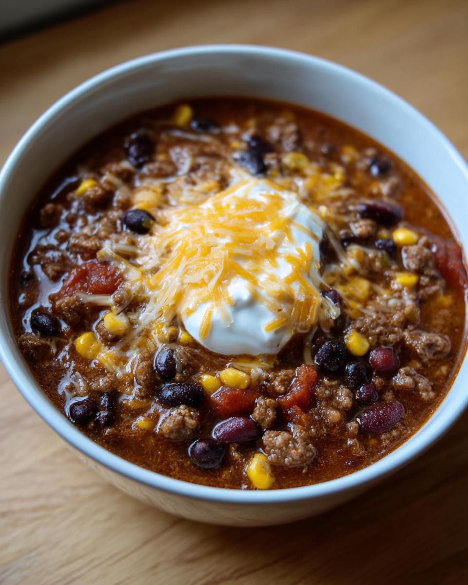 Close-up of a bowl of rich crockpot cowboy soup topped with sour cream and shredded cheese.
