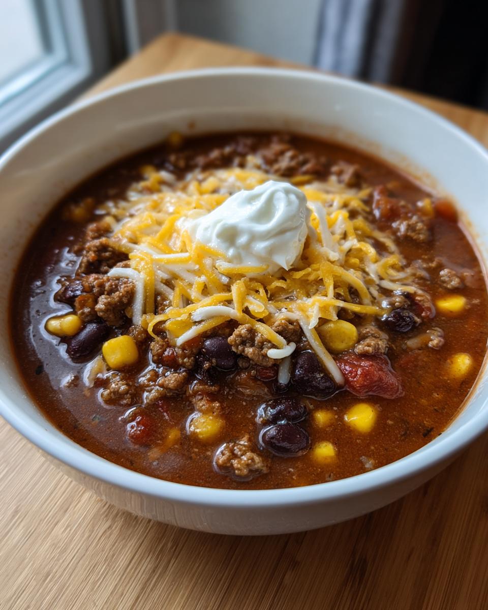 A close-up of a hearty bowl of crockpot cowboy soup, featuring ground beef, beans, corn, topped with shredded cheese and sour cream.
