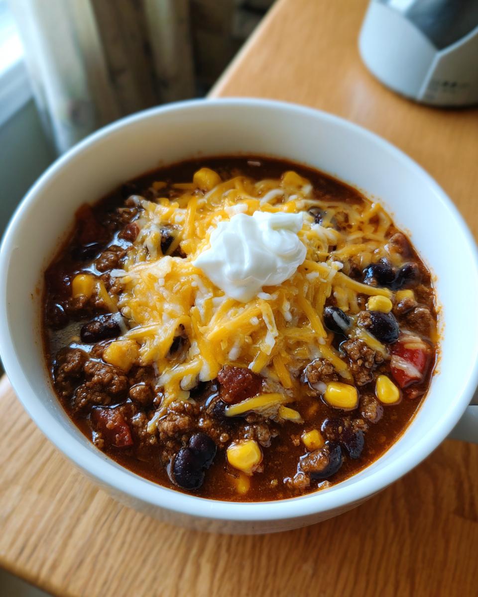 Close-up of a hearty bowl of crockpot cowboy soup topped with shredded cheese, sour cream, corn, and black beans.