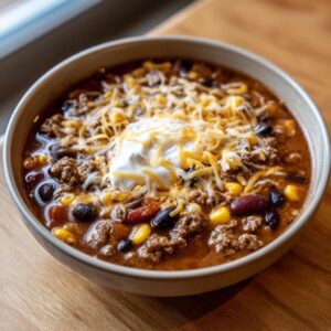 A close-up of a bowl of rich crockpot cowboy soup topped with ground beef, beans, corn, shredded cheese, and sour cream.