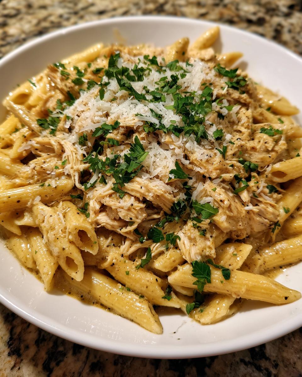 A close-up of a white bowl filled with creamy crockpot garlic parmesan chicken pasta, topped with shredded chicken, grated cheese, and fresh parsley.