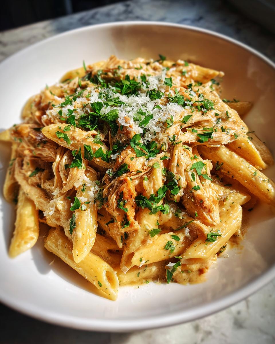 A close-up of creamy crockpot garlic parmesan chicken pasta topped with fresh parsley and grated cheese.