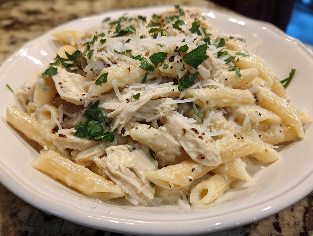 A close-up of a white bowl filled with crockpot garlic parmesan chicken pasta, topped with shredded cheese and parsley.