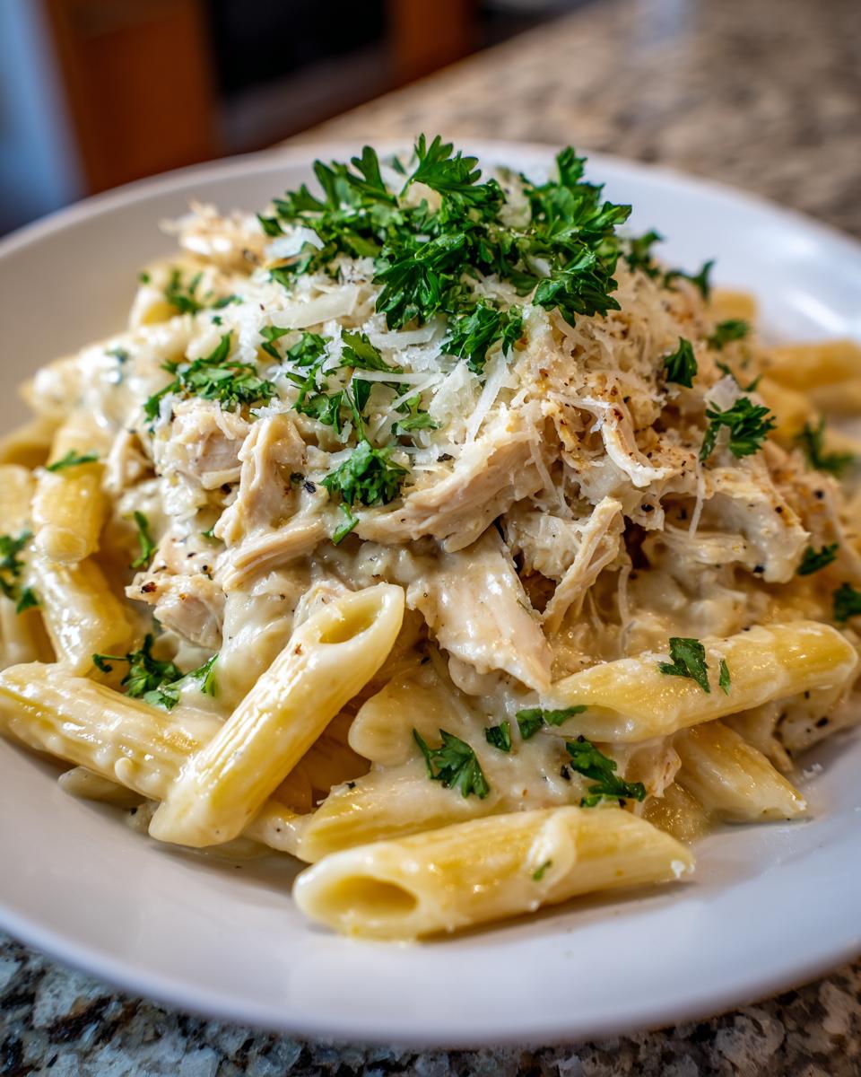A close-up of creamy crockpot garlic parmesan chicken pasta topped with shredded chicken, parmesan, and fresh parsley.