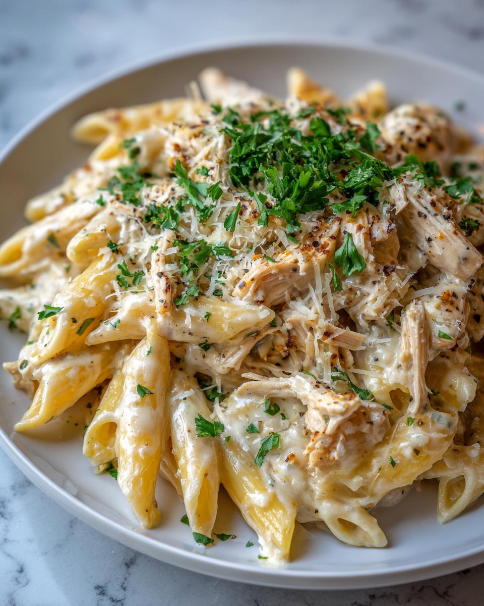A close-up of creamy crockpot garlic parmesan chicken pasta topped with shredded chicken, grated cheese, and fresh parsley.