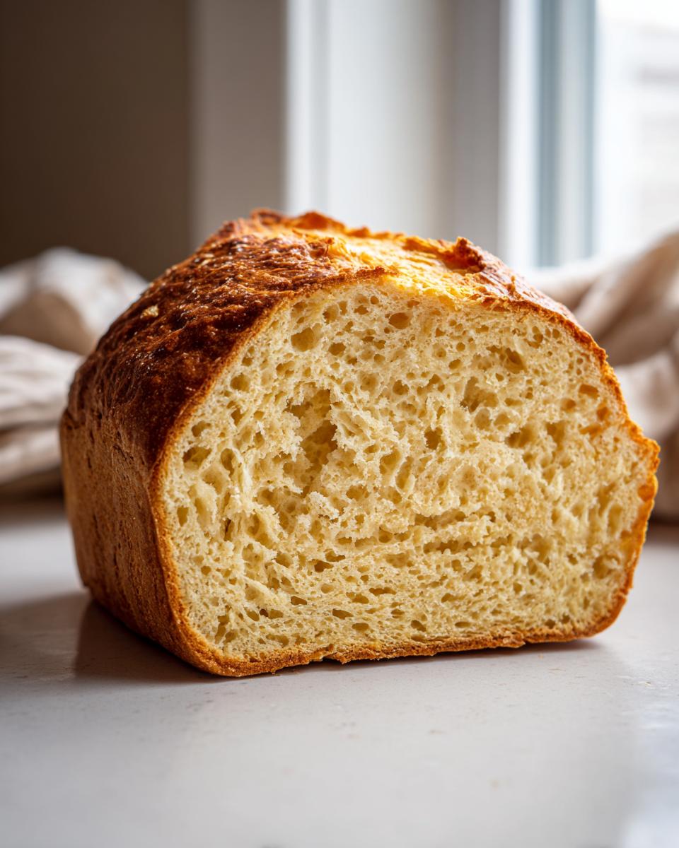 Close-up of a freshly baked beer bread loaf cut in half, showing a soft, airy interior and golden crust.