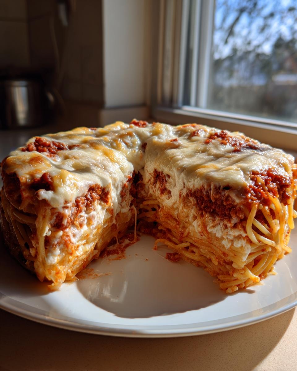 A thick, round slice removed from a layered spaghetti pie showing layers of pasta, ricotta, and meat sauce topped with melted cheese.