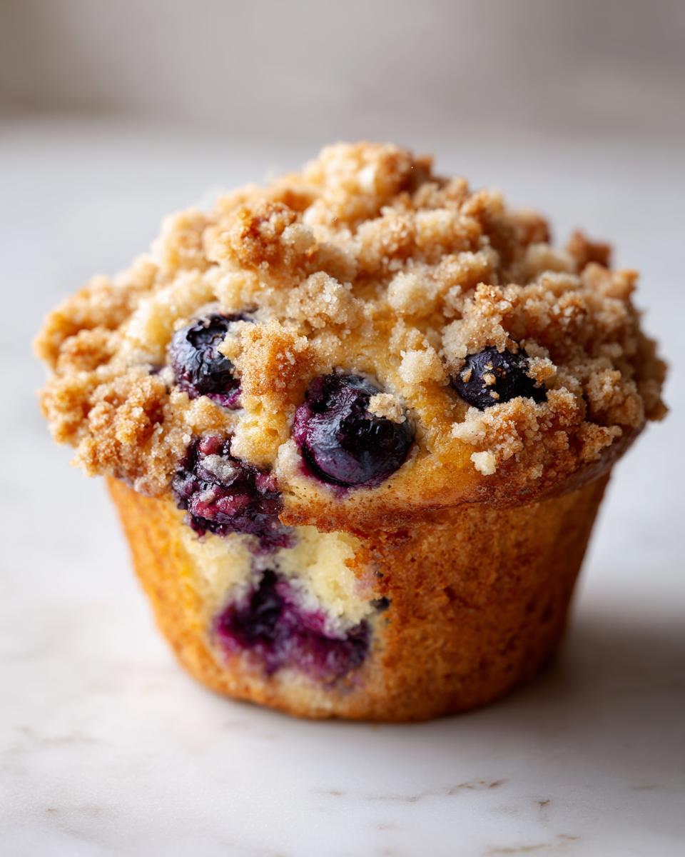 A golden brown, freshly baked blueberry muffin topped with a generous layer of sugary streusel crumb topping.